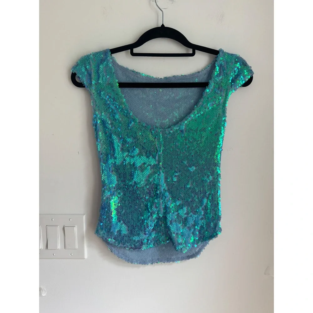 Intimately Free People Turquoise Iridescent Sequin Cap Sleeve Top OB2107105 XS